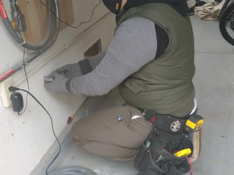Electrician performing outlet wiring in a Holdrege garage